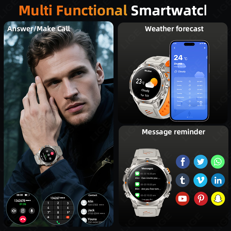 LIGE Jam Tangan Pintar GPS Tan - Smartwatch Watches With Bluetooth ulasan dan harga